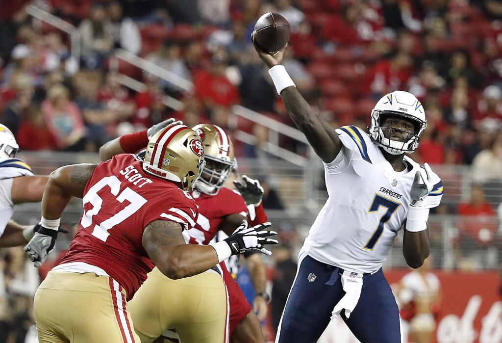 Los Angeles Chargers quarterback Cardale Jones (7) throws a pass against the San Francisco 49ers during the first half of an NFL preseason football game in Santa Clara, Calif., Thursday, Aug. 30, 2018. (AP Photo/Tony Avelar)