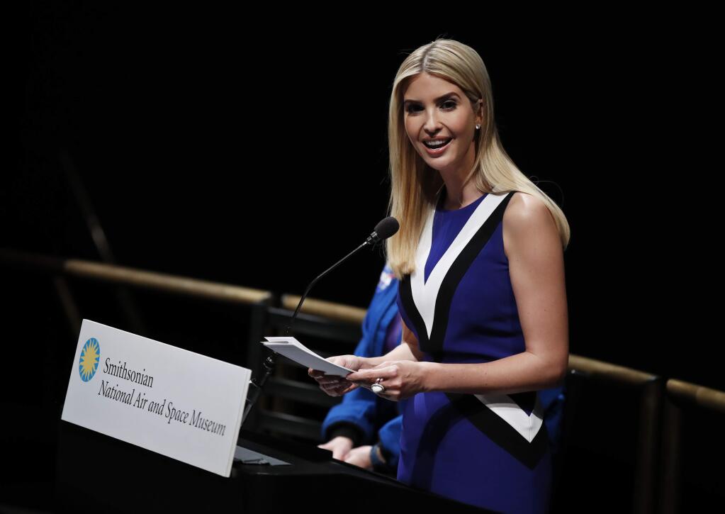 FILE - In this March 28, 2017 file photo, Ivanka Trump speaks at the Smithsonian's National Air and Space Museum in Washington. (AP Photo/Manuel Balce Ceneta, File)