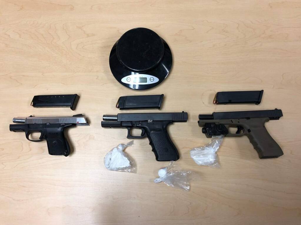 Police recovered three loaded guns and arrested two men and two 17-year-old boys following a traffic stop in Santa Rosa on Wednesday, Sept. 19, 2018. (SANTA ROSA POLICE DEPARTMENT)
