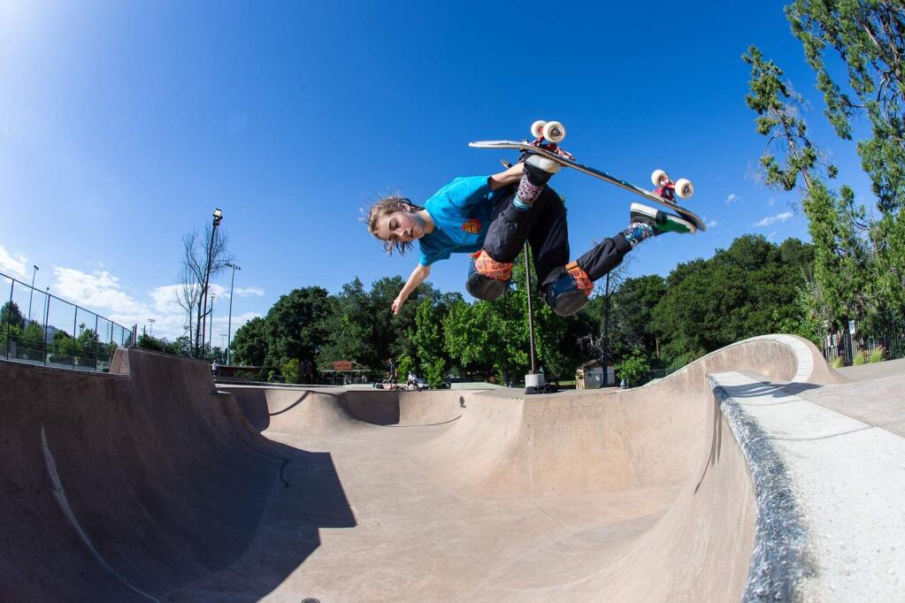 Petaluma 13-year-old Minna Stess will compete in the women's skateboard park event at the X Games. BRYCE KANIGHTS
