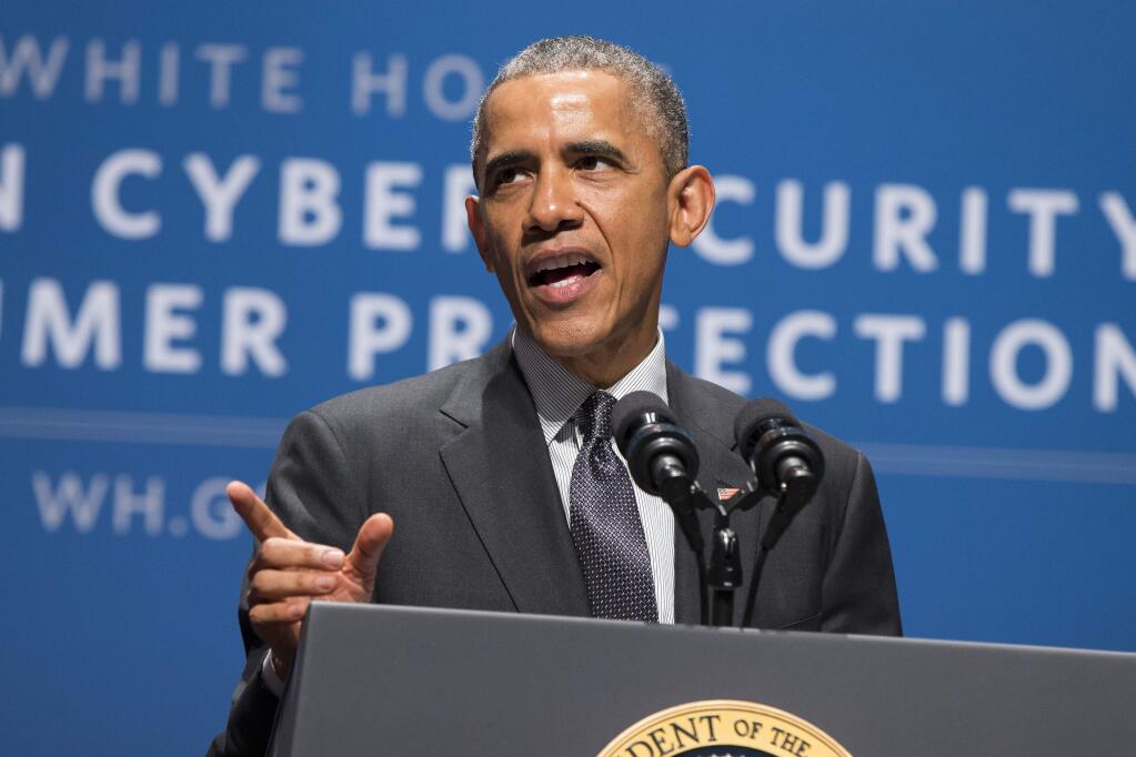 President Barack Obama speaks during a summit on cybersecurity and consumer protection, Friday, Feb. 13, 2015, at Stanford University in Palo Alto, Calif. The president said cyberspace is the new 'wild West' _ with daily attempted hacks and people looking to the government to be the sheriff. He's asking the private sector to do more to help. (AP Photo/Evan Vucci)