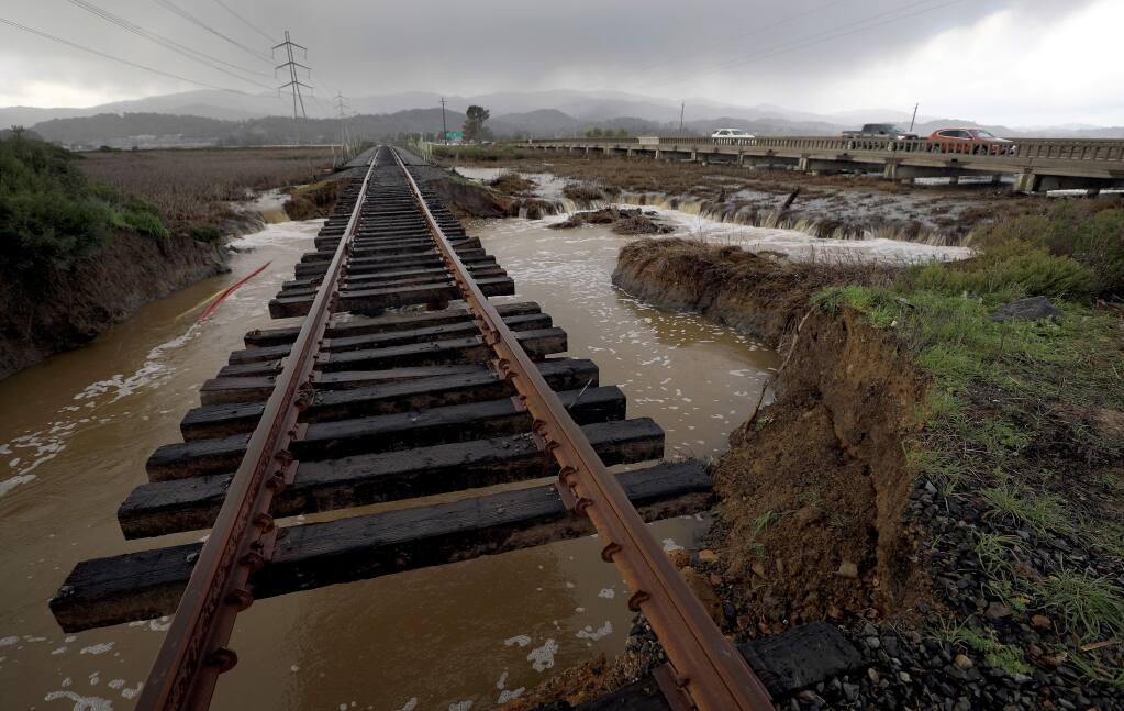 A rail trestle that completely undermined, Friday, Feb. 15, 2019 along Highway 37 in Marin County. A separate section of the highway will be closed Saturday night, March 23, to repair a different section of railroad. (Kent Porter / Press Democrat) 2019