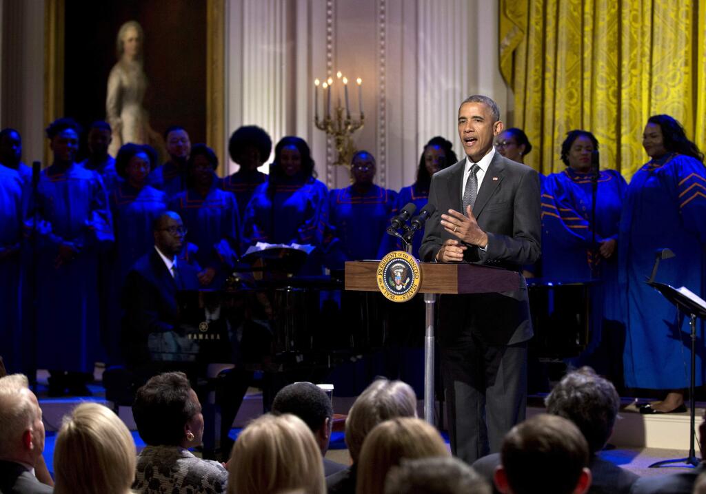 FILE - In this April 14, 2015 file photo, President Barack Obama speaks in the East Room of the White House, in Washington during an 'In Performance at the White House' concert series. The White House is launching an official channel on the popular music streaming service Spotify with a pair of playlists it says President Barack Obama created himself. Obama was announcing his daytime and evening summer music lists Friday on his @POTUS official Twitter account.(AP Photo/Carolyn Kaster, File)