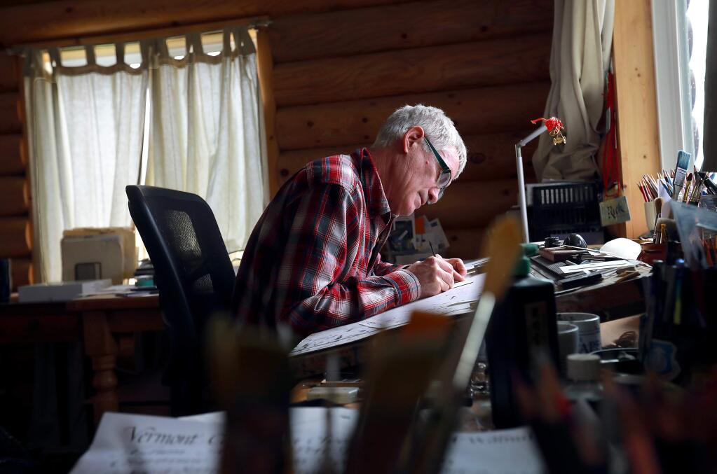 Rick Paulus was the chief calligrapher for Presidents Clinton and Bush from 1998 to 2006. He now works out of his home studio atop the coastal mountains of Sonoma County on Cazadero Ridge. (photo by John Burgess/The Press Democrat)