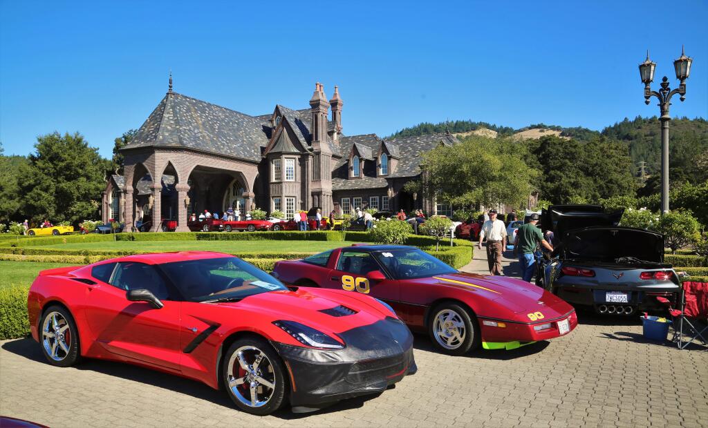 Nearly 100 polished and gleaming Corvettes gathered on Ledson Winery's circular driveway in October, 2017, for the 11th Annual Corvettes at the Castle event in Kenwood, California. The party is one of the smaller wine-related events in Sonoma Valley over the course of the year. (Photo Will Bucquoy/for the Press Democrat).