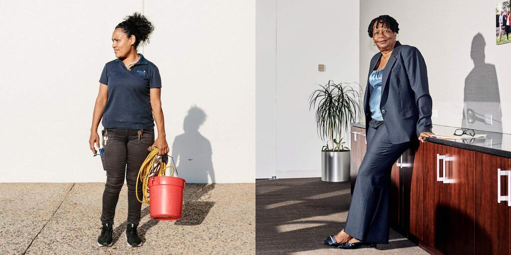 Martha Ramos, left, is a janitor at Apple headquarters. That's the same job Gail Evans, right, held at Kodak in the 1980s. (JASON HENRY/ FOR THE NEW YORK TIMES; TONY LUONG/ FOR THE NEW YORK TIMES)