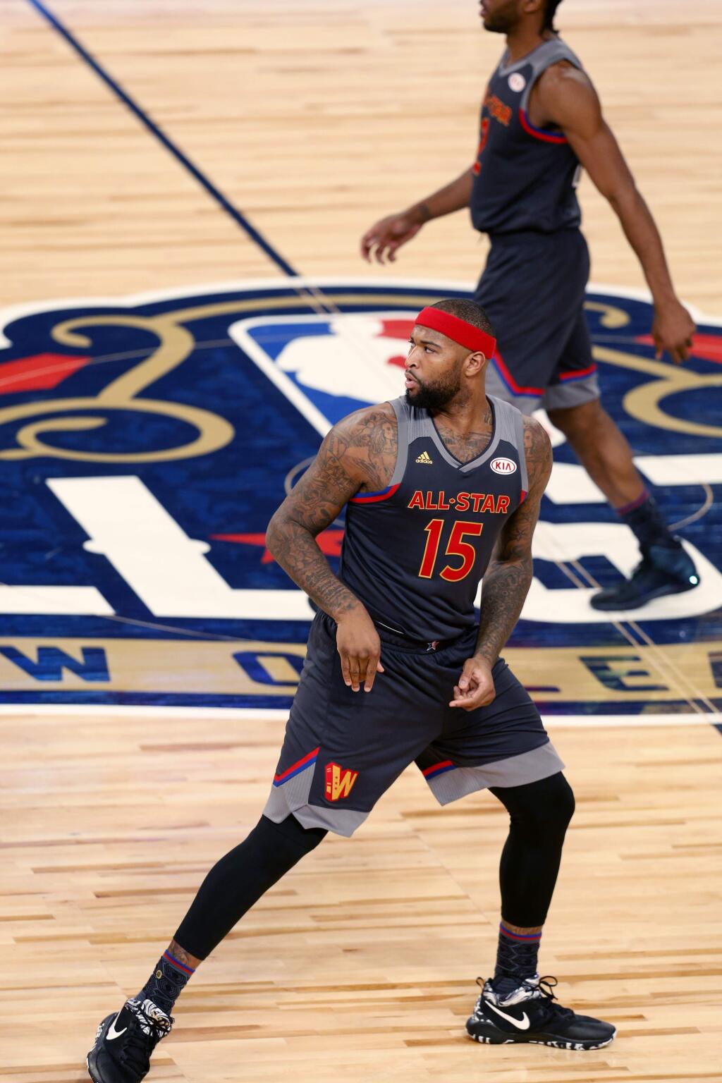 Western Conference forward DeMarcus Cousins of the Sacramento Kings (15) plays during the first half of the NBA All-Star basketball game in New Orleans, Sunday, Feb. 19, 2017. The New Orleans Pelicans agreed to acquire Cousins from the Kings on Sunday, the same night the center was playing in the All-Star Game in their arena. (AP Photo/Max Becherer)