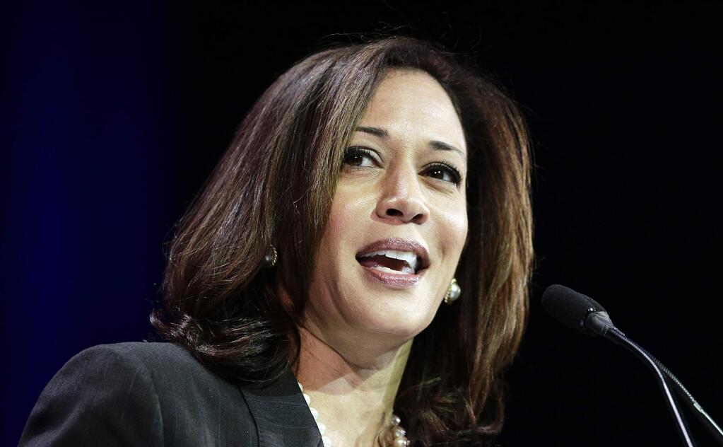 FILE - In this March 8, 2014, file photo, California Attorney General Kamala Harris speaks during a general session at the California Democrats State Convention in Los Angeles. Harris is one of the Democratic presidential candidates decrying Alabama and Georgia's restrictive abortion laws. (AP Photo/Jae C. Hong, File)