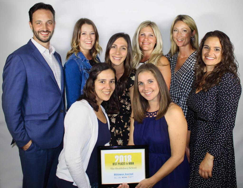 Staff of first-time winner The Healdsburg School receive one of North Bay Business Journal's Best Places to Work awards at Hyatt Regency Sonoma County hotel on Sept. 20, 2018. (GARY QUACKENBUSH / FOR NORTH BAY BUSINESS JOURNAL)