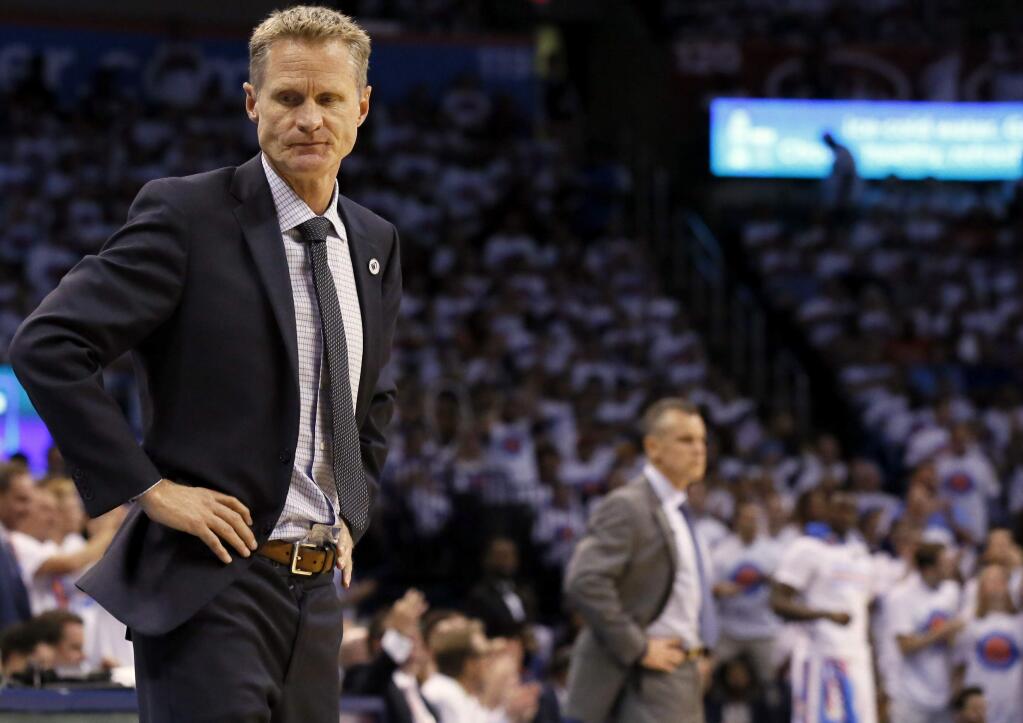 Golden State Warriors head coach Steve Kerr reacts on the sideline against the Oklahoma City Thunder in Game 4 of the NBA basketball Western Conference finals in Oklahoma City, Tuesday, May 24, 2016. (AP Photo/Sue Ogrocki)