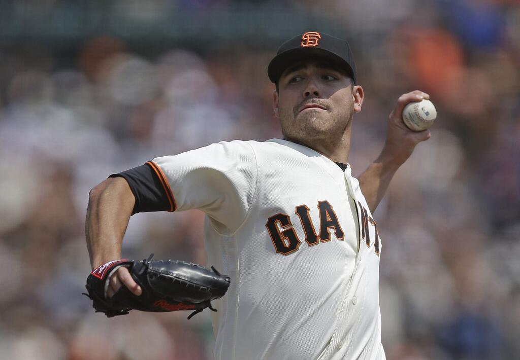 San Francisco Giants pitcher Matt Moore works against the New York Mets in the first inning Saturday, Aug. 20, 2016, in San Francisco. (AP Photo/Ben Margot)