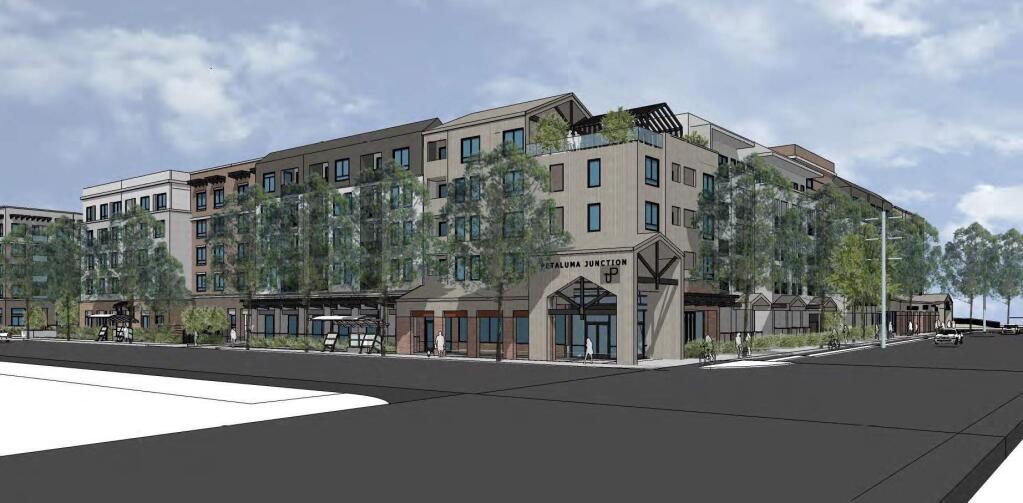 A rendering shows the design of the Petaluma Station project, a 402-unit mixed use building near the downtown SMART station.