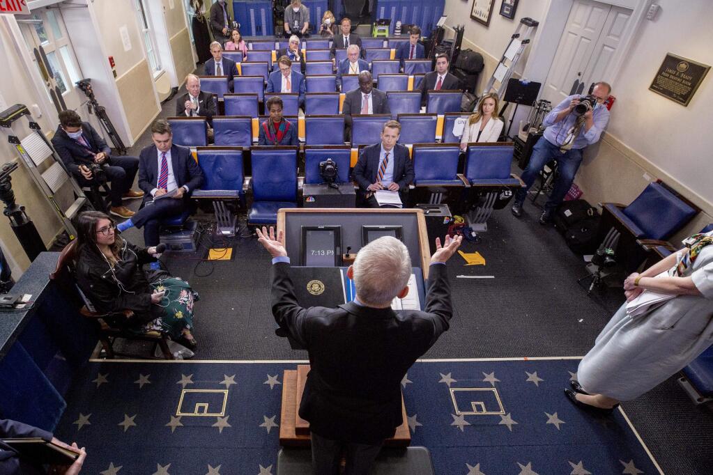 Dr. Anthony Fauci, director of the National Institute of Allergy and Infectious Diseases, speaks about the coronavirus in the James Brady Press Briefing Room of the White House, Thursday, April 9, 2020, in Washington. (AP Photo/Andrew Harnik)