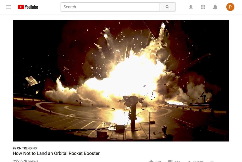 This image from a video posted on YouTube by SpaceX on Sept. 14, 2017 shows one of the unsuccessful landings of the company's orbital rocket boosters. SpaceX chief Elon Musk can afford to poke fun at his early, pioneering efforts at rocket recycling, now that his private company has pulled off 16 successful booster landings. The most recent occurred in early September 2017 in Florida. (SpaceX via AP)