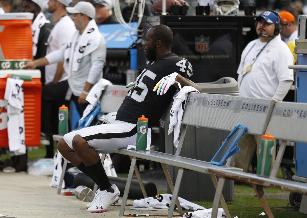 Oakland Raiders defensive back Dominique Rodgers-Cromartie sits on the bench during the second half against the Indianapolis Colts in Oakland, Sunday, Oct. 28, 2018. (AP Photo/D. Ross Cameron)