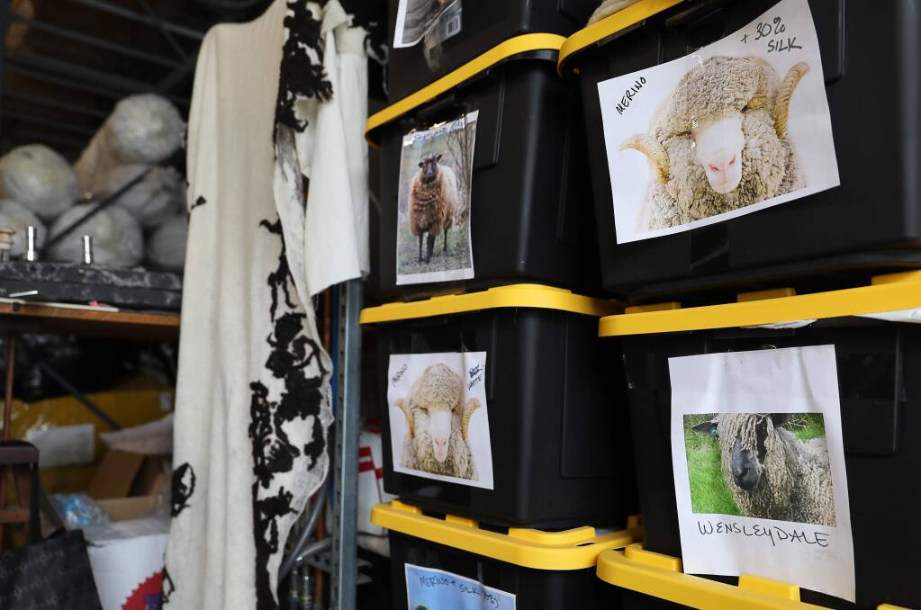 Photographs of various sheep show what kind of wool is stored inside boxes at JG Switzer, in Sebastopol on Monday, February 11, 2019. (Christopher Chung/ The Press Democrat)