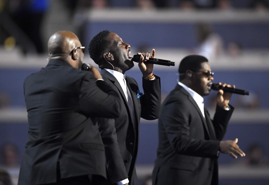 Boyz II Men perform during the first day of the Democratic National Convention in Philadelphia , Monday, July 25, 2016. (AP Photo/Mark J. Terrill)