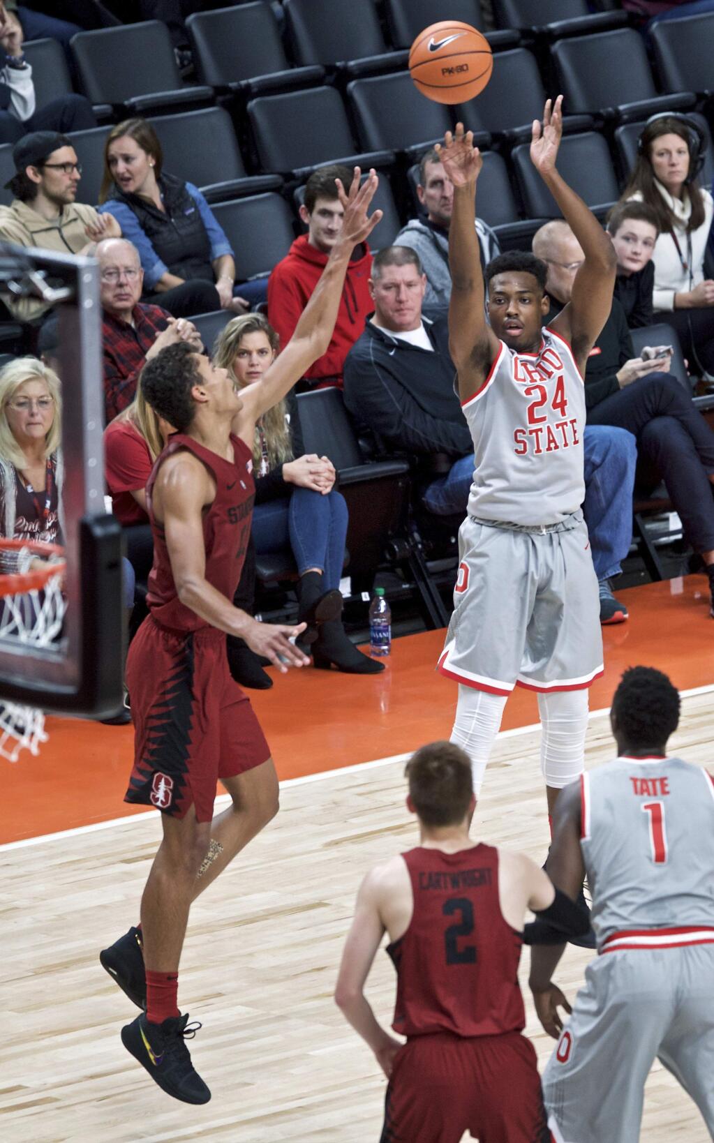 Ohio State forward Andre Wesson, right, shoots over Stanford forward Oscar da Silva during the first half of an NCAA college basketball game in the Phil Knight Invitational tournament in Portland, Ore., Friday, Nov. 24, 2017. (AP Photo/Craig Mitchelldyer)