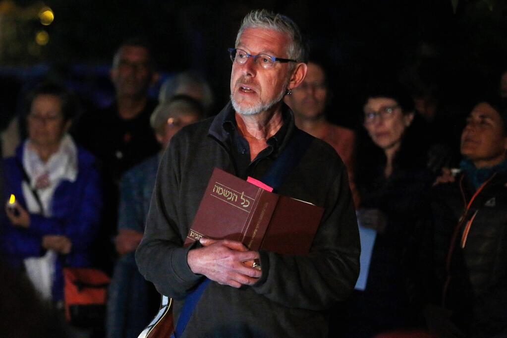 Irwin Keller, spiritual leader of Congregation Ner Shalom, speaks during a vigil for the shooting victims in a Pittsburgh, Pennsylvania synagogue, held at Congregation Ner Shalom in Cotati, California, on Saturday, October 27, 2018. (Alvin Jornada / The Press Democrat)