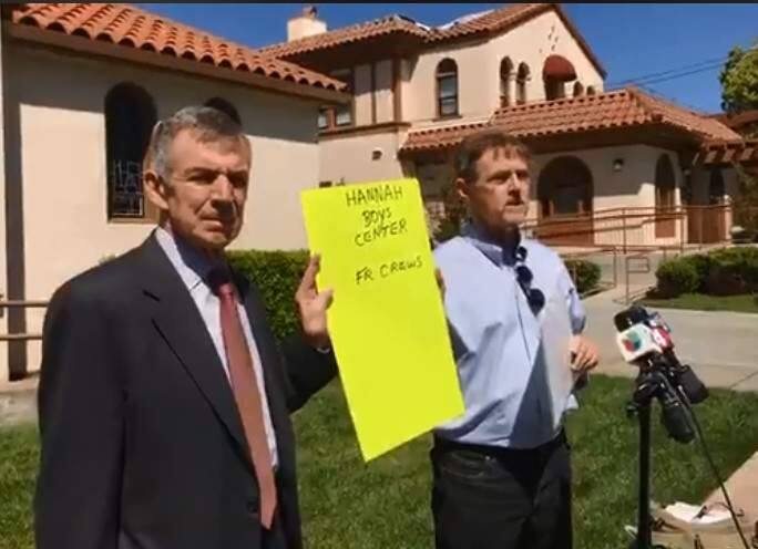 A Sacramento attorney who represents the two accusers and a Missouri man who was assaulted by a priest and is the former long time head of a support group called SNAP, the Survivors Network of those Abused by Priest, hold a press conference holding signs and childhood photos at St. Francis Solano Catholic church in Sonoma.