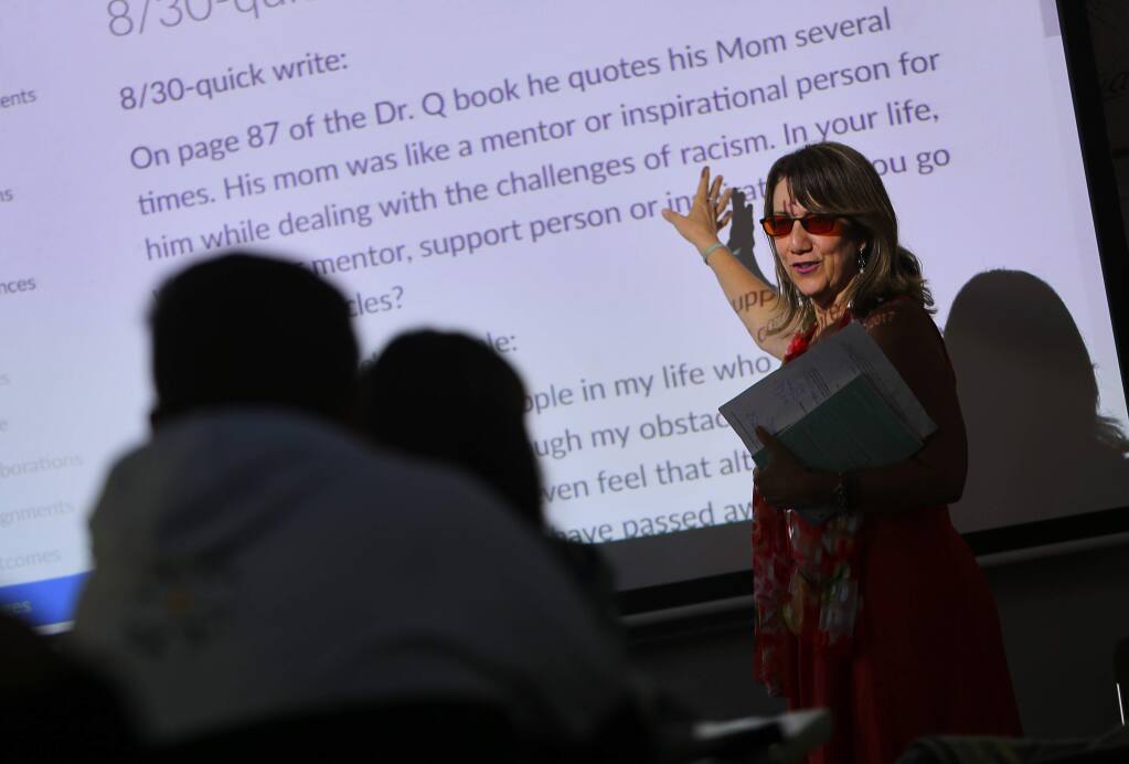 Leslie Mancillas leads her College Skills class in a writing exercise at Santa Rosa Junior College, in Santa Rosa on Wednesday, August 30, 2017. (Christopher Chung/ The Press Democrat)