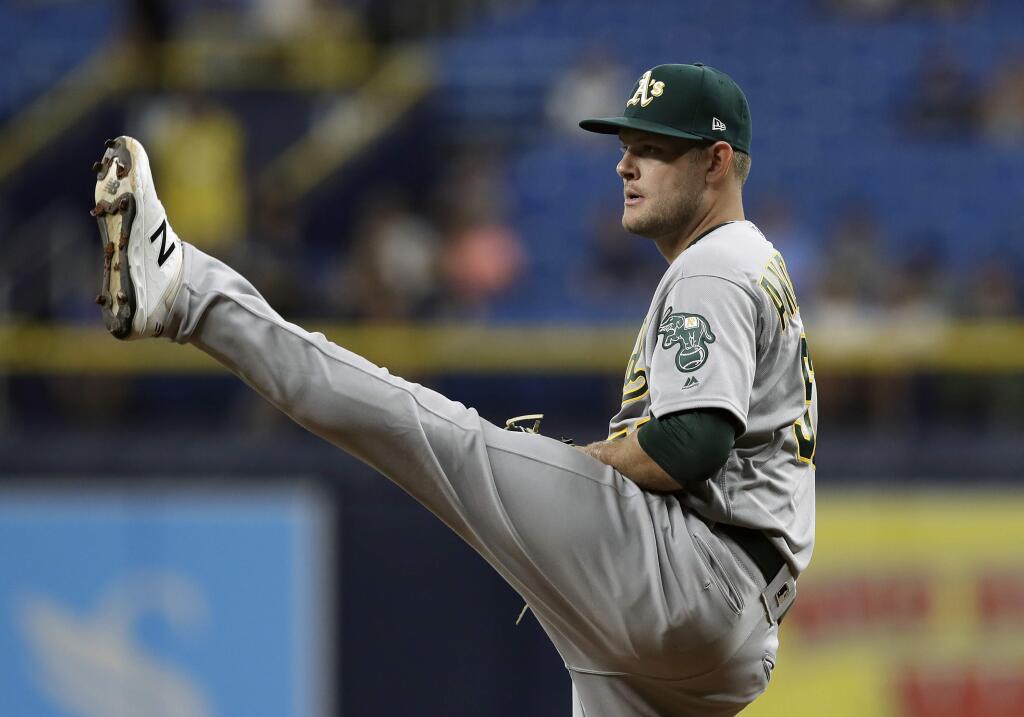 Oakland Athletics' Tanner Anderson kicks before a pitch to the Tampa Bay Rays during the first inning of a baseball game Monday, June 10, 2019, in St. Petersburg, Fla. (AP Photo/Chris O'Meara)