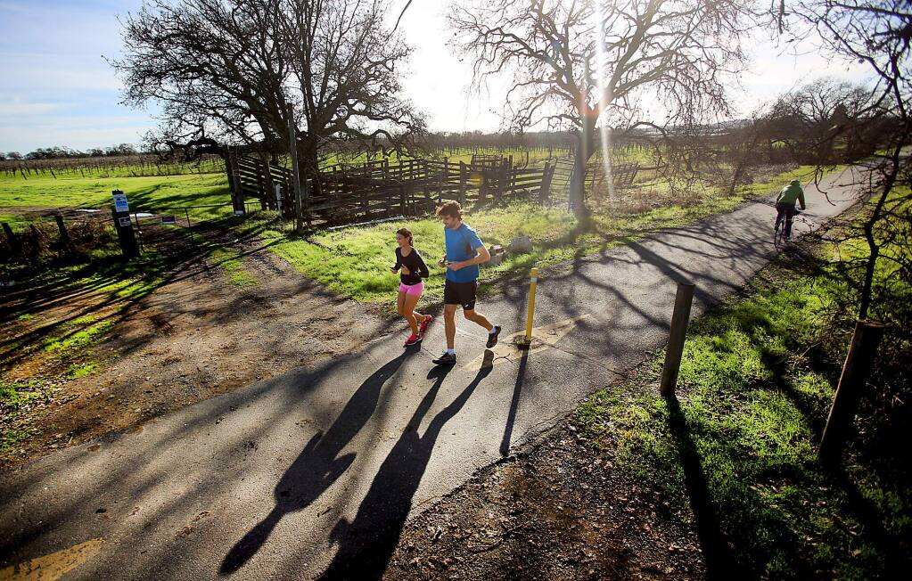 Jennie Panchal and Brendan Williamson run on the Joe Rodota Trail near Sebastopol on Wednesday in front of vineyards owned by Joe Wagner. The Sonoma County Regional Parks has determined Wagner has no current legal right to cross the trail and that any expansion to accommodate a proposed winery would not be of any benefit to the public or the trail.