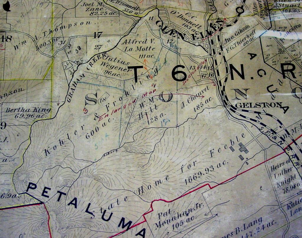 Sonoma County Recorders Office, 1895Breadboard Map: Jack London bought the 128-acre Hill Ranch, center. He later purchased the Kohler & Frohling, LaMotte (also visible) and other properties to create his 1400-acre Beauty Ranch. Note also the two railroads serving Glen Ellen.