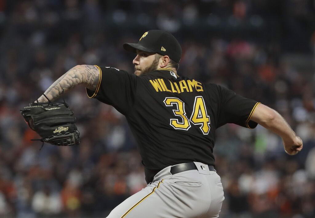 Pittsburgh Pirates pitcher Trevor Williams (34) throws against the San Francisco Giants during the fourth inning of a baseball game in San Francisco, Saturday, Aug. 11, 2018. (AP Photo/Jeff Chiu)