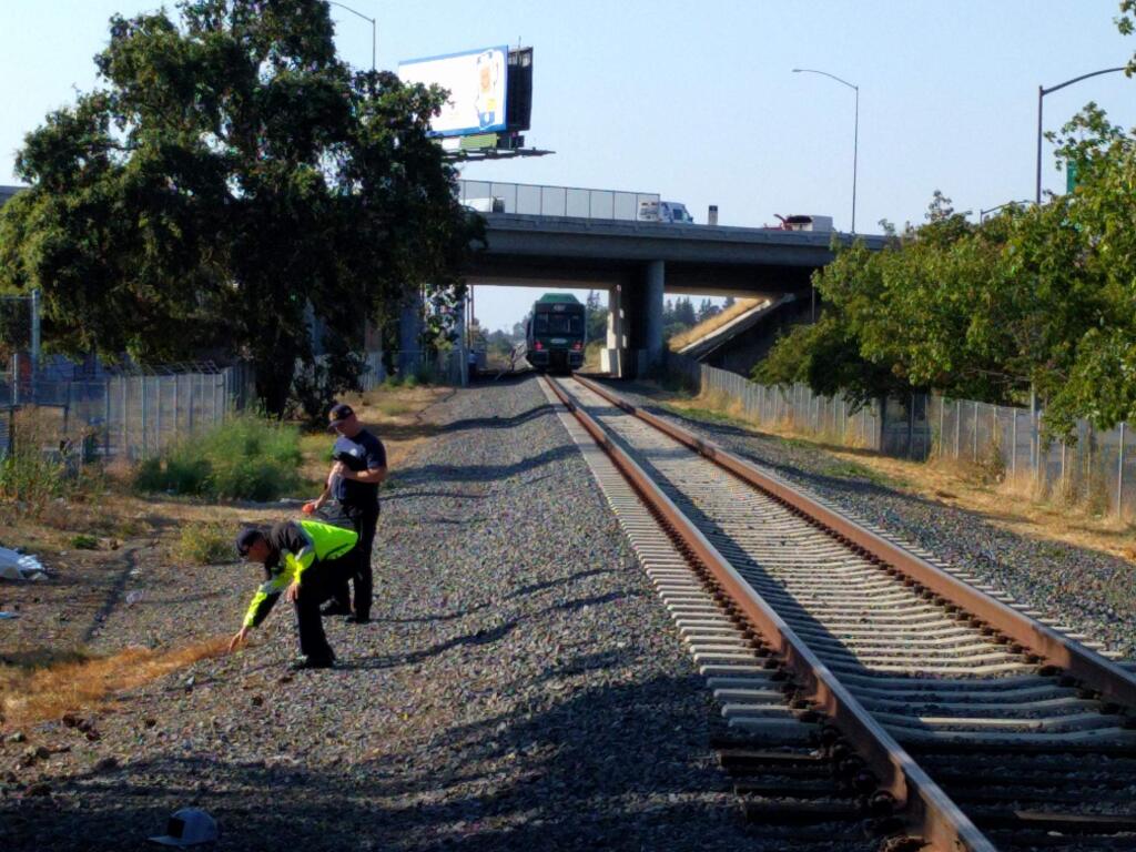 A SMART commuter train struck a male on the railroad tracks in Rohnert Park near Commerce Boulevard shortly before 5 p.m. Thursday, according to emergency officials. (Christopher Chung / The Press Democrat)