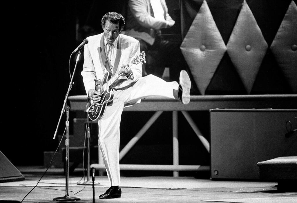 Chuck Berry, who died Saturday, performs during a 1986 concert at the Fox Theatre in St. Louis. (JAMES A. FINLEY / Associated Press)