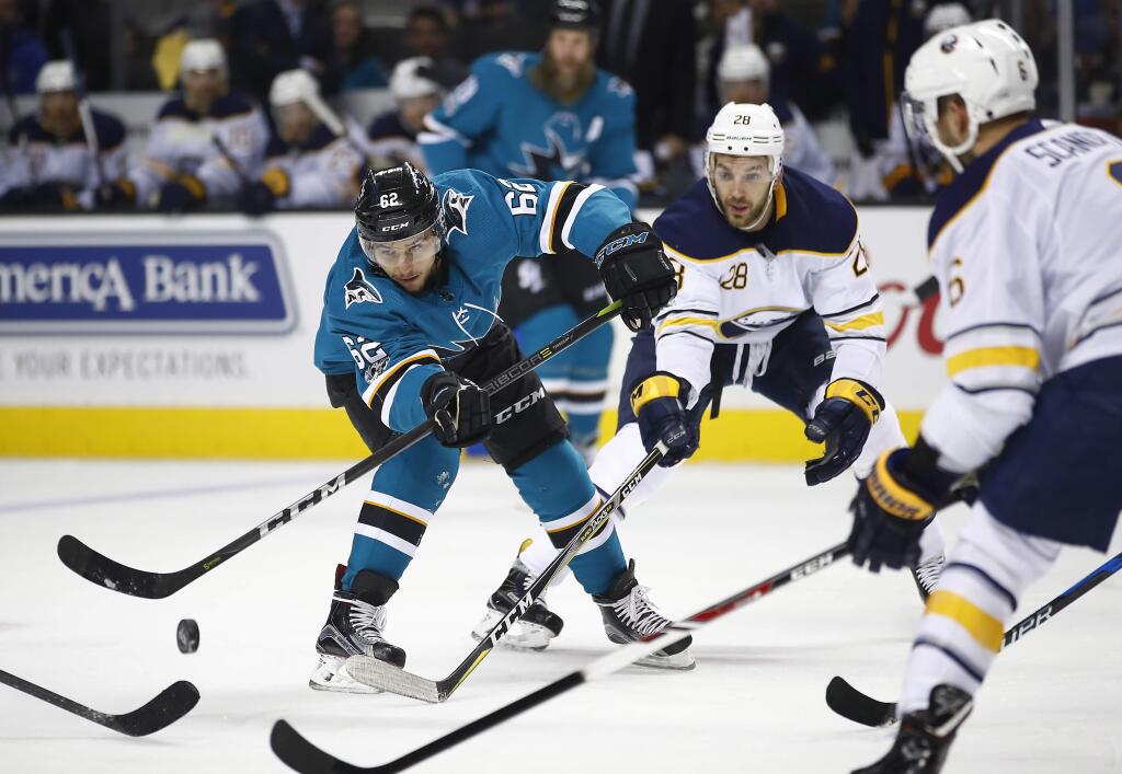 San Jose Sharks right wing Kevin Labanc (62) passes the puck down the ice against the Buffalo Sabres during the first period Thursday, Oct. 12, 2017, in San Jose. (AP Photo/Tony Avelar)f