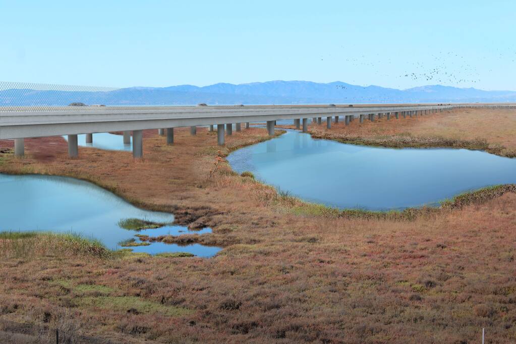 An engineering firm's representation of SR-37 elevated on a box girder causeway over the wetlands of San Pablo Bay, presented as part of a UC Davis study. (AECOM)