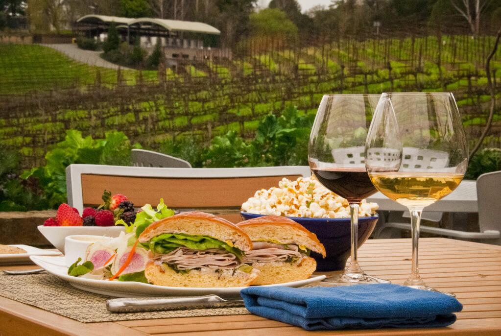 Popcorn, a salad and sandwich paired with Lynmar Estate wines. (Lynmar Estate)