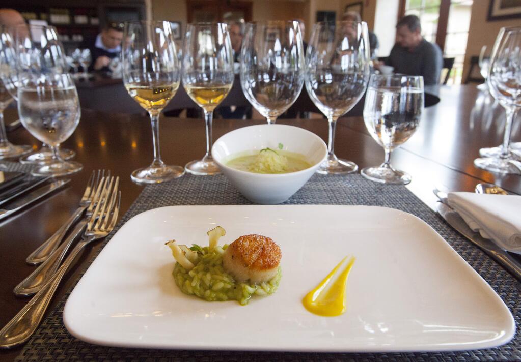 Pan-seared bay scallop and cucumber gazpacho, paired with a sauvignon blanc and a viognier, respectively, were the first two paired small courses. In November, St. Francis Winery in Kenwood won an Open Table poll of best restaurants in America, confusing the distinction between winery food-and-wine parings and traditional restaurant fare. (Photos by Robbi Pengelly/Index-Tribune)