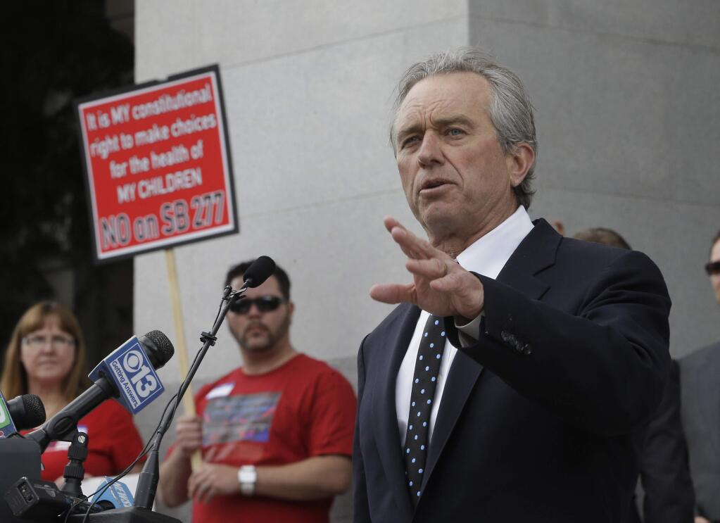 Robert Kennedy, Jr. the nephew of President John F. Kennedy and son of former U.S. Attorney General Robert Kennedy, spoke against a measure requiring California schoolchildren to get vaccinated, during a rally at the Capitol in Sacramento, Calif., Wednesday, April 8, 2015. The bill SB277 by Sen. Richard Pan, D-Sacramento, and Sen. Ben Allen, D-Santa Monica will be heard by the California Senate Health committee Wednesday. If approved by the Legislature and signed by the governor, parents could no longer cite personal beliefs or religious reasons to send unvaccinated children to private and public schools unless a childs health is in danger. (AP Photo/Rich Pedroncelli)