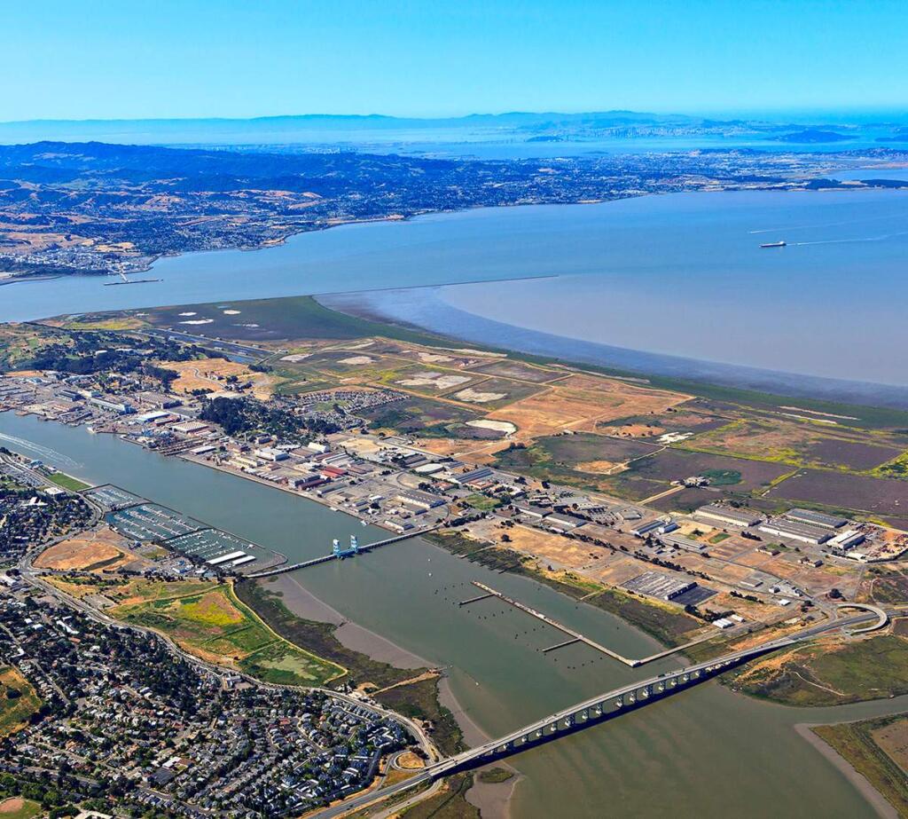 Vallejo's growing area on the west bank of the Napa River, Mare Island, seen here from the northeast, is home to more than 110 businesses with 2,500 employees. The city is looking for a developer to build 1.5 million square feet at the island's north end, seen at the lower right. (CITY OF VALLEJO)