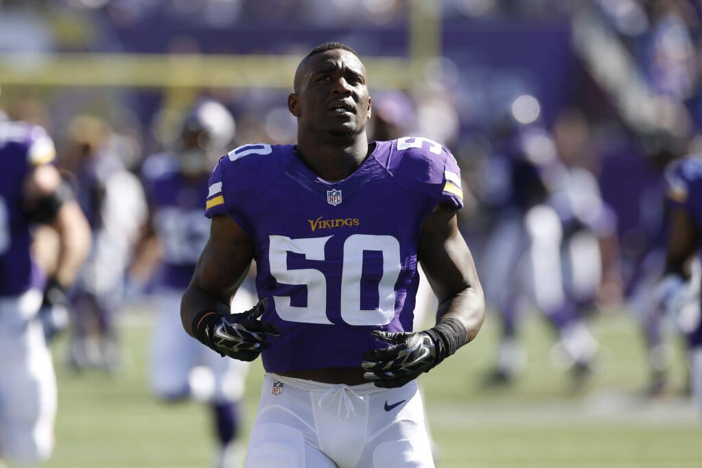 Minnesota Vikings middle linebacker Gerald Hodges (50) takes the field before an NFL football game against the San Diego Chargers in Minneapolis, Sunday, Sept. 27, 2015. (AP Photo/Jim Mone)