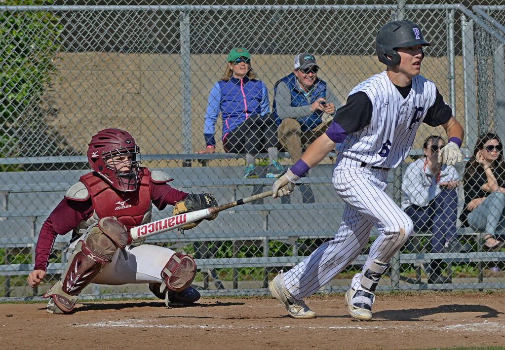 SUMNER FOWLER/FOR THE ARGUS-COURIERPorter Slate drives in two runs to help Petaluma beat Sonoma Valley, 6-4, in the first round of the SCL baseball tournament. Slate will be part of a Petaluma baseball team that competes in the Boras Baseball Classic this spring.