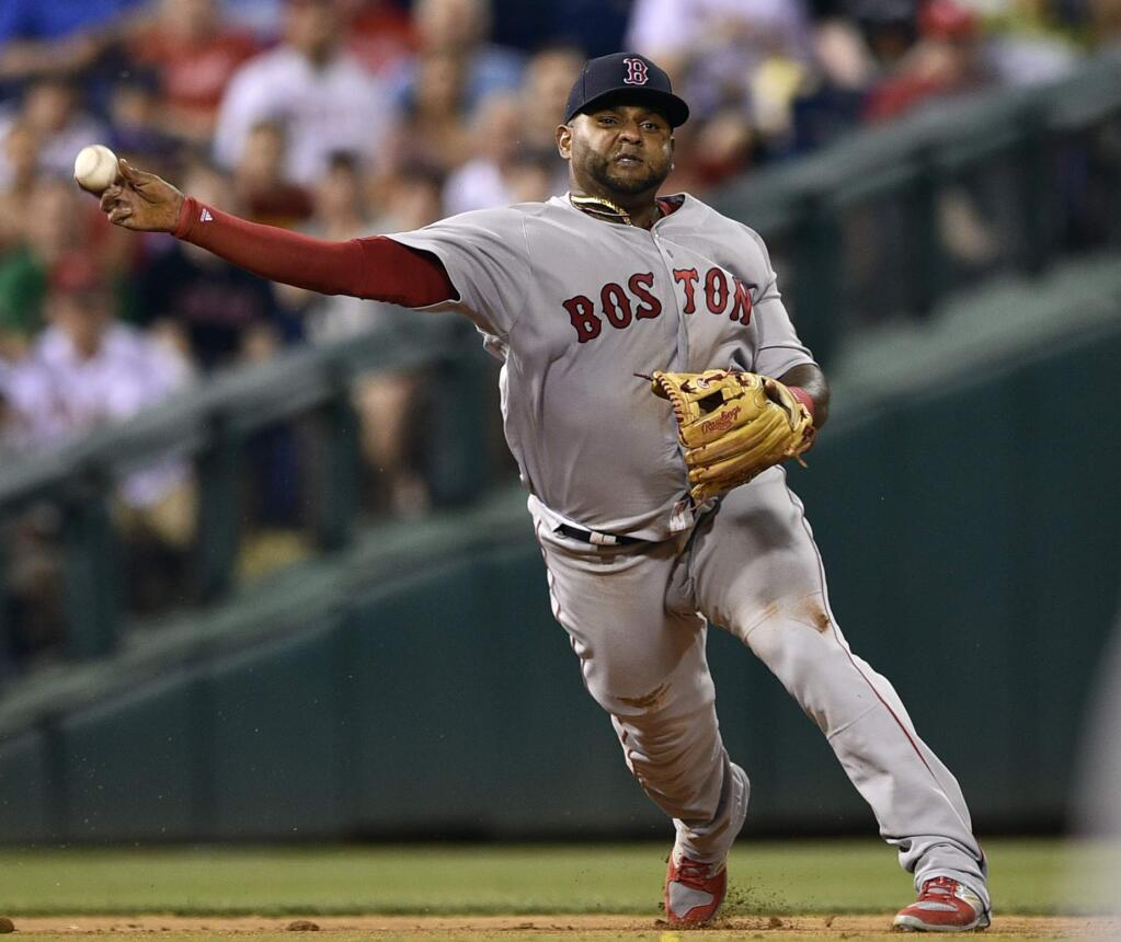 Boston Red Sox third baseman Pablo Sandoval throws to first base during the seventh inning against the Philadelphia Phillies, Wednesday, June 14, 2017, in Philadelphia. The Red Sox won 7-3. (AP Photo/Derik Hamilton)