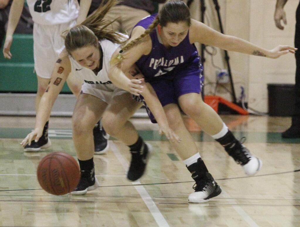 Bill Hoban/Index-TribuneSonoma's Annie Neles goes for a loose ball during Thursday's game against Petaluma. The Lady Dragons beat Petaluma and finished the SCL season with a perfect 12-0 record.