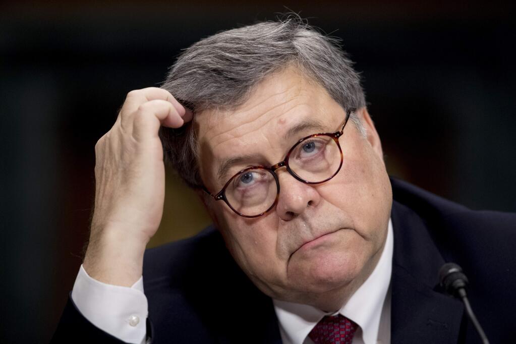 FILE - In this May 1, 2019, file photo, Attorney General William Barr appears at a Senate Judiciary Committee hearing on Capitol Hill in Washington. Barr has appointed a U.S. attorney to examine the origins of the Russia investigation and determine if intelligence collection involving the Trump campaign was “lawful and appropriate.” (AP Photo/Andrew Harnik, File)