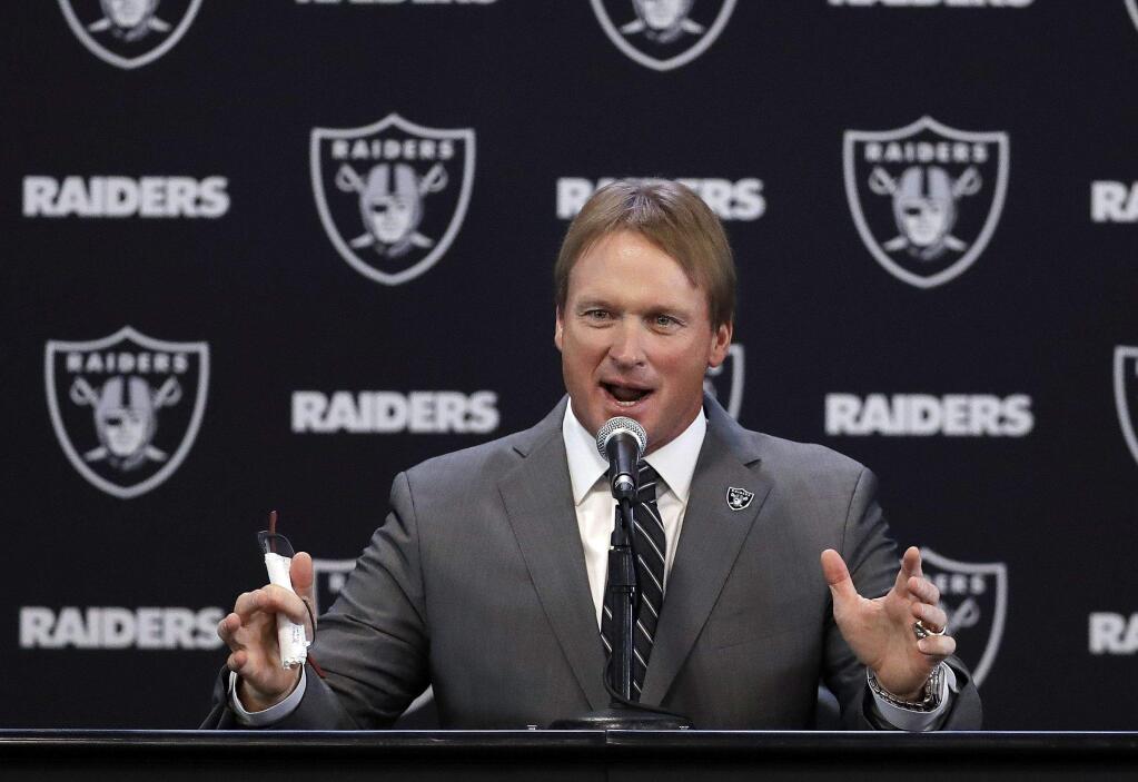 Oakland Raiders head coach Jon Gruden answers questions during a press conference Tuesday, Jan. 9, 2018, in Alameda. (AP Photo/Marcio Jose Sanchez)
