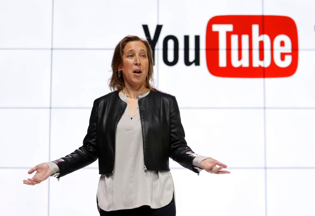 FILE - In this Tuesday, Feb. 28, 2017, file photo, YouTube CEO Susan Wojcicki speaks during the introduction of YouTube TV at YouTube Space LA in Los Angeles. (AP Photo/Reed Saxon, File)