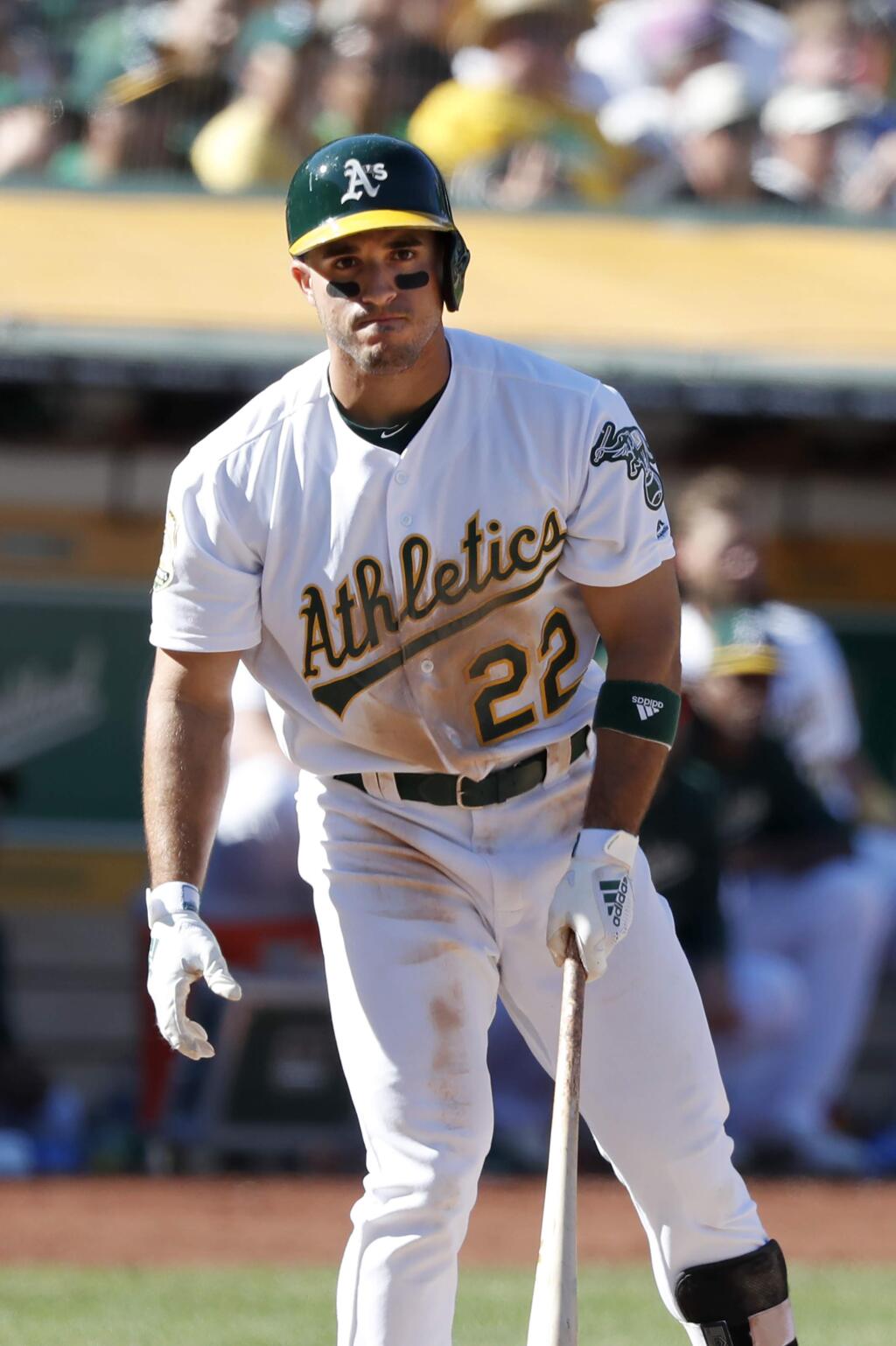Oakland Athletics' Ramon Laureano (22) reacts after striking out against the Minnesota Twins during the eighth inning of a baseball game in Oakland, Calif., Sunday, Sept. 23, 2018. (AP Photo/Tony Avelar)