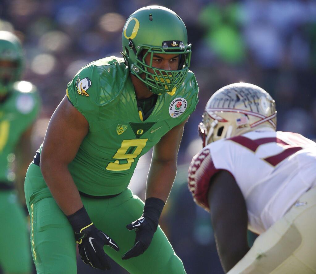 Oregon defensive lineman Arik Armstead (9) lines up against Florida State in the Rose Bowl college football playoff semifinal on Jan. 1. (Doug Benc / Associated Press))