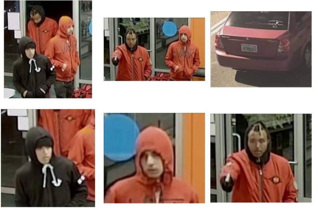 Surveillance photos show the three men suspected of robbing an AT&T store in Petaluma on Dec. 18, 2018. They are suspected of robbing an AT&T store in Santa Rosa earlier in the day. (SANTA ROSA POLICE DEPARTMENT)