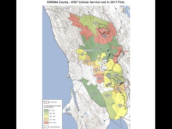 This map of Sonoma County shows the percentage of respondents by ZIP code who reported losing AT&T cellphone service during the October wildfires. (North Bay/North Coast Broadband Consortium)