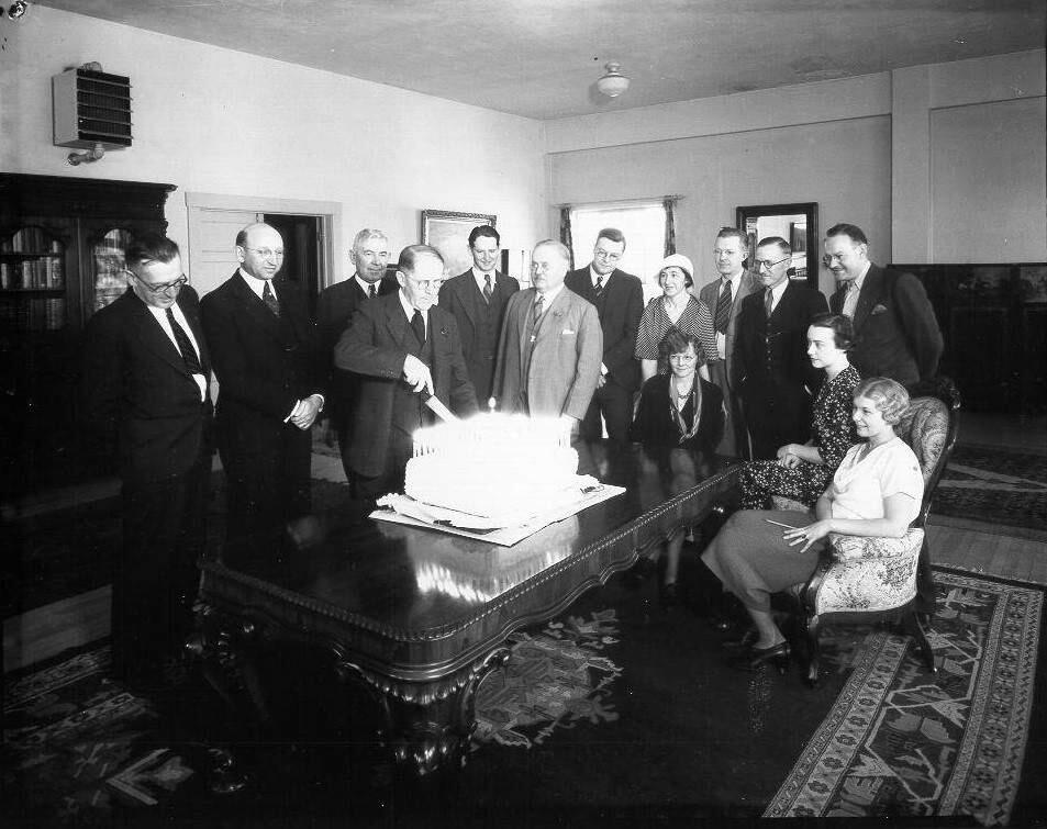 Ernest Finley celebrating with Press Democrat employees, in 1930. As owner, publisher and editor of the PD for 45 years, Finley was not only the keeper of the stories, he was a potent political force and a powerful community advocate. He was among the most forceful promoters of the plan to build the Golden Gate Bridge, was a founder of the Redwood Empire Association and, as the owner of a prize-winning dairy on the Laguna de Santa Rosa, a supporter of Sonoma County agriculture. (Courtesy of the Sonoma County Library)