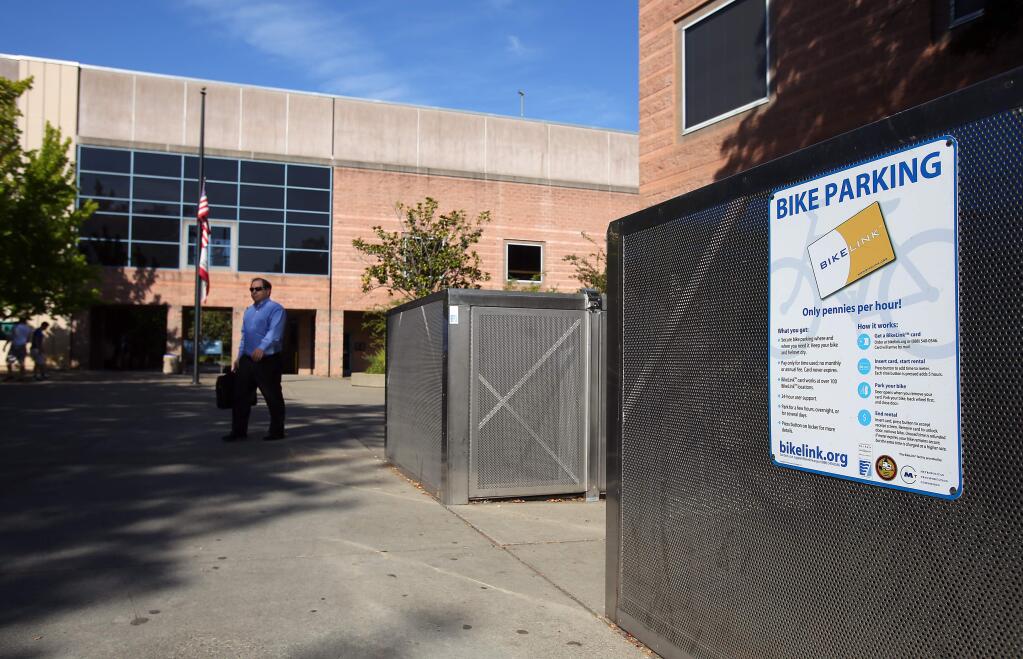 The bike lockers around the Sonoma County Administration Center in Santa Rosa have gone largely unused. (Christopher Chung / The Press Democrat)